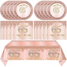 65th Birthday Decorations for Women,Rose Gold 65th Birthday Plates and Napkin...