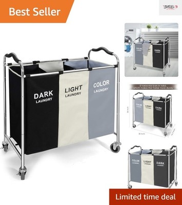 Portable Laundry Hamper with Wheels, 3-Compartment Design & Waterproof Liner