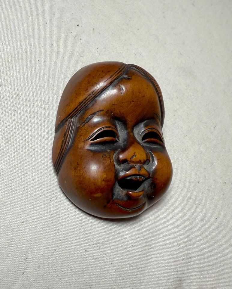 Antique Japanese Hand Carved Boxwood Netsuke Okame Noh Mask Mennetsuke Sculpture - Imagem 4 de 4