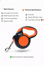 8M Retractable Dog Leash Heavy Duty 30KG Extension Lead - Orange/Black
