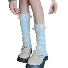 Lace Trim Boot Cuffs with Bows Detail for Women Knitted Leg Warmers Calf Socks
