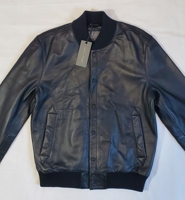 New $ 598 Slate-Stone Black Lamb Leather Bomber Jacket Men Size