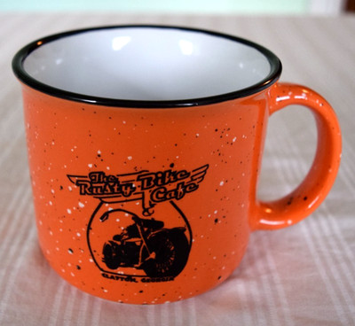 The Rusty Bike Cafe Clayton Georgia Ceramic Campfire Mug Orange  B13