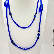 Vibrant Blue Multi-Strand Round Glass Beaded Necklace Adjustable Lobster Clasp
