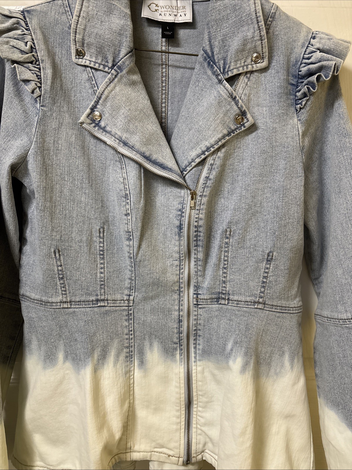 C Wonder by Christian Siriano Denim Peplum Moto Jacket Sz Large Fadeout Wash