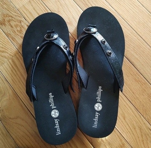 Lindsay Phillips Switch Flip Flops Womens 9 Black Platform Wedge BLACK BLUE DOTS - 第 2/11 張圖片