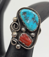 Navajo Vintage Turquoise Coral Sterling Silver Ring Size 7