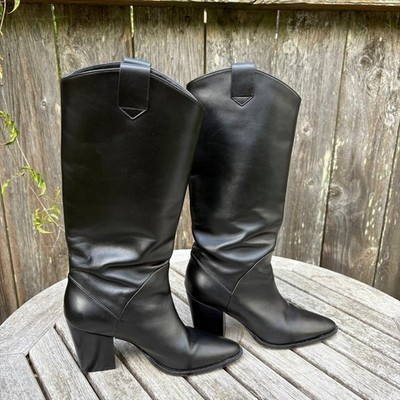 Dear Frances Weston Black Leather Western Knee Mid Calf Heel Boots Made Italy 39