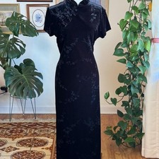 Vintage Black Velvet Floral Maxi Dress Rare