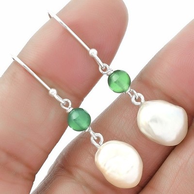 Süßwasser Biwa Perle & grüner Onyx 925 Sterling Silber Ohrringe Schmuck E-1010