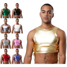 Mens Vest Gymnastics T-Shirts Dance Tank Party Tops Shiny Crop Top Casual Gym