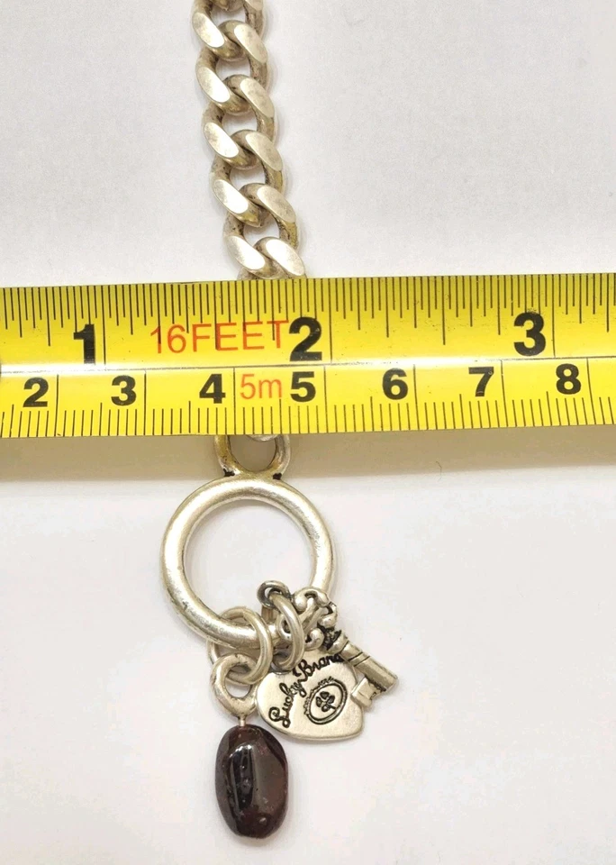 Vintage Silver Lucky Brand Purple Amethyst Charm Thick Curb Link Chain Bracelet - Image 4 of 4