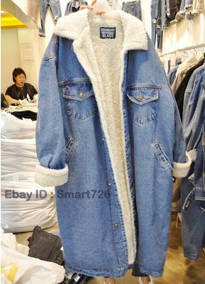 Vintage Womens Winter Jeans Jackets Lamb Wool Long Denim Ladies Chic Coats Loose