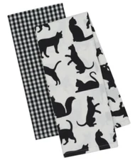 NWT DII Design Imports Black White Cat Print Kitchen Dish Hand Tea Towel Set - 2