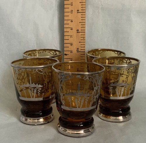 5 x Vintage Venice Italian Amber Coloured Shot Glasses With Silver Decoration - Picture 3 of 4