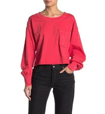 FREE PEOPLE WOMEN'S CORAL RED LONG SLEEVE COTTON AUSTIN CROPPED TEE TOP Sz XS