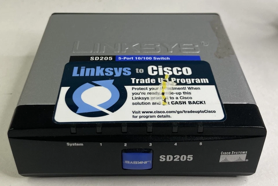 Cisco SD205 v2 5-Port 10/100 Network Switch w/ 12V AC Adapter & Ethernet Cord - Image 2 of 4