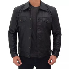 Casual Stylish Biker Men's Black Real Soft Lambskin Leather Shirt New Handmade