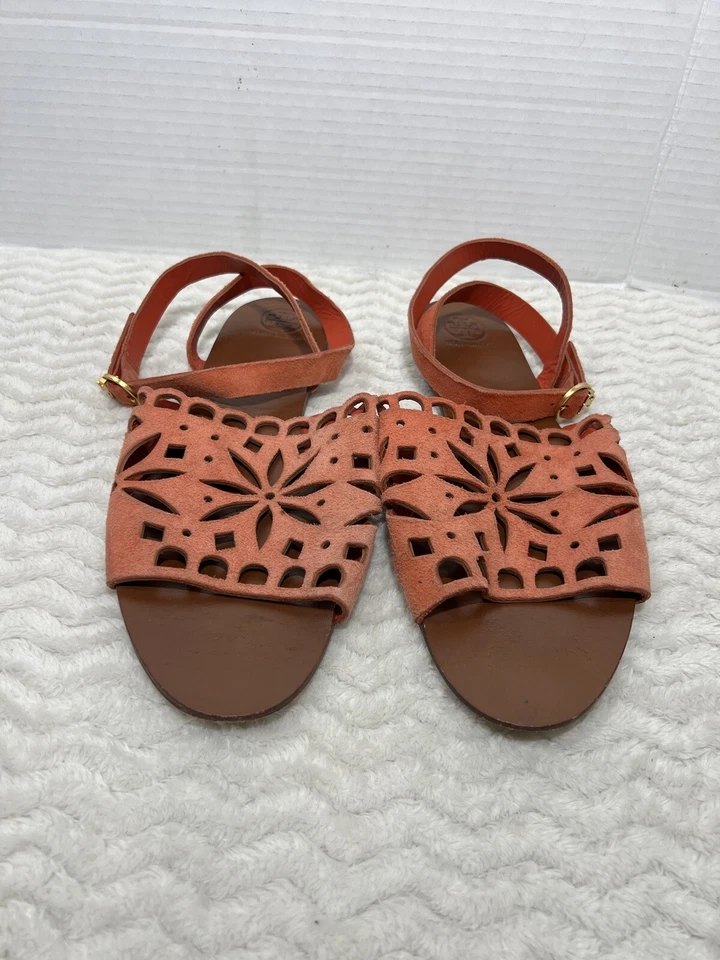 Tory Burch 橙色麂皮绒穿孔五月踝包裹平底凉鞋女式 10M 码 — 第 2/4 张图片