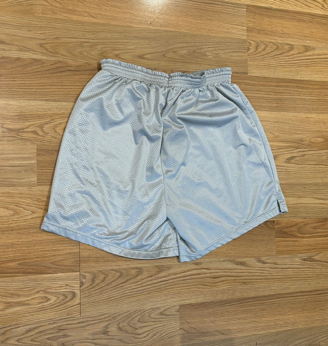 Vintage 80s Champion Mesh Gym Logo Above Knee Shorts Silver