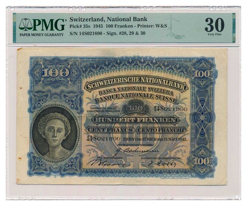 SWITZERLAND banknote 100 Franken 1945 PMG VF 30 Very Fine
