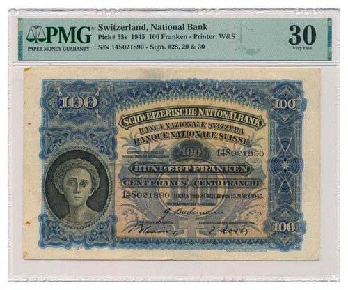 SWITZERLAND banknote 100 Franken 1945 PMG VF 30 Very Fine - Picture 1 of 2