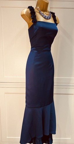Maxi abito Chi Chi London UK 14 blu navy raso elasticizzato aderente alto basso coda di pesce - Foto 3 di 10
