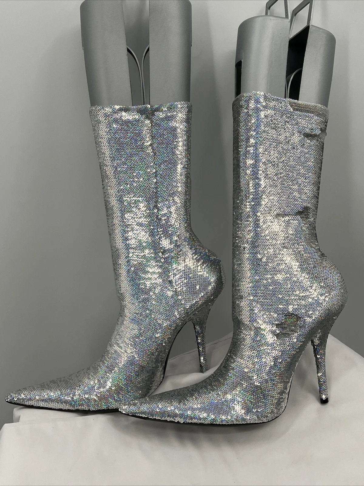 Stivali calzini BALENCIAGA da donna argento stiletto glitter coltello medio polpaccio taglia FR 40