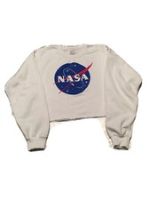 NASA Space Logo Cropped Long Sleeve Women  s White Oversized Sweatshirt Size Lrg