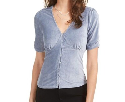 American Rag CIE Womens Small Folkstone Gray Button Up Short Sleeve Top NWT J57