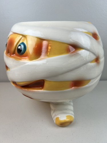 Halloween Candy Bowl Mummy Pumpkin Large Footed Holds 3.75LB Ceramic Cool! - Picture 4 of 16