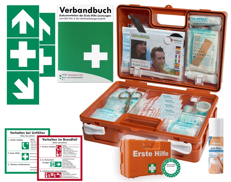 HM ARBEITSMEDIZIN Verbandskasten (K) Typ S - akt. DIN 13157 (Betriebe) + Sprühpflaster + AUFKLEBER