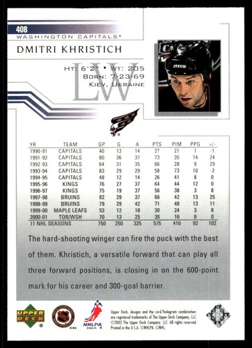 2001-02 Upper Deck #408 Dmitri Khristich Washington Capitals Hockey Card - Bild 2 von 2