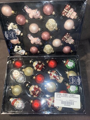 Lot 2 Christmas Xmas Glass Ornaments Santa Wreath Balls Flower Pink Red Green