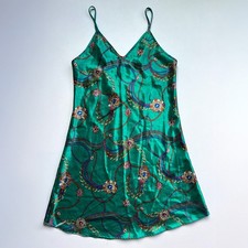 Vintage Opulence Emerald Green Chain Design Satin Slip Dress