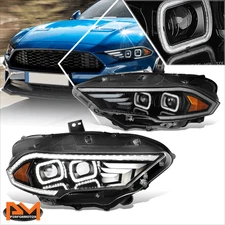 For 18-23 Ford Mustang Full LED 3D Light Bar Dual Projector Black Headlights