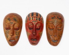 Trio of Hand Carved  Painted Wooden Indonesian Lombok Folk Art Masks