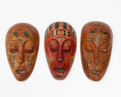 Trio of Hand Carved & Painted Wooden Indonesian Lombok Folk Art Masks