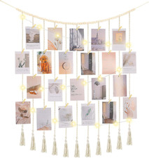 Macrame Hanging Photo Display Boho Wall Decor with String Lights Wooden Beads Ga