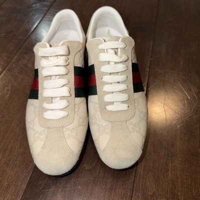 Gucci Guccissima Web Stripe Sneakers Beige Leather Suede Size 34.5G Italy Luxury