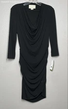 NWT Nicole Miller Women Black Ruched Draped Long Sleeve Midi Dress Size L