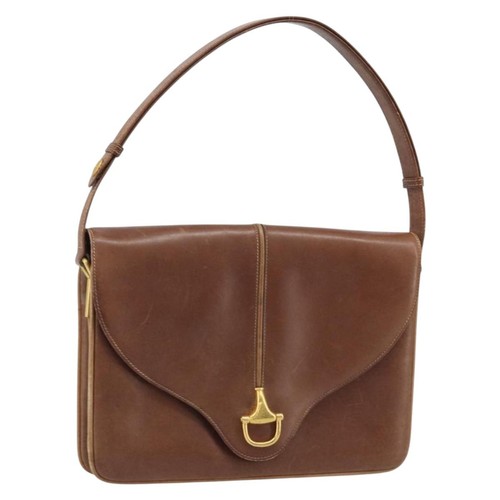 GUCCI Shoulder Bag Leather Brown Gold Auth 170074