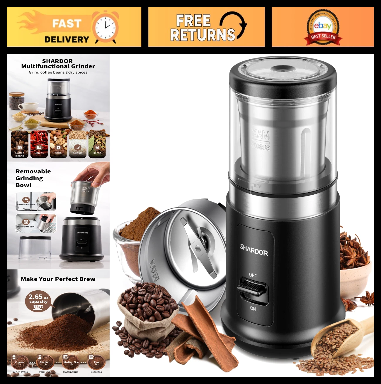 Electric Coffee Grinder - Quiet 70g Spice Mill for Beans, Seeds & Grains, Low No