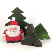 Vtg Hand Painted Wood Cut Out SANTA CLAUS Signed 3 TREES CHRISTMAS