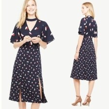Ann Taylor | Navy Floral Print Choker Midi Dress Size Petite 4P
