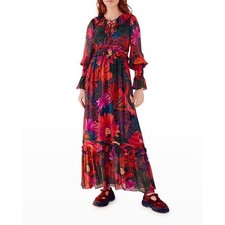 Farm Rio Bird Flowers Maxi Dress Ruffle Tiered Long Sleeve Boho Whimsigoth XS