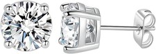 6mm White Gold Plated Stud Earrings 4 Prong Round CZ Hypoallergenic Unisex