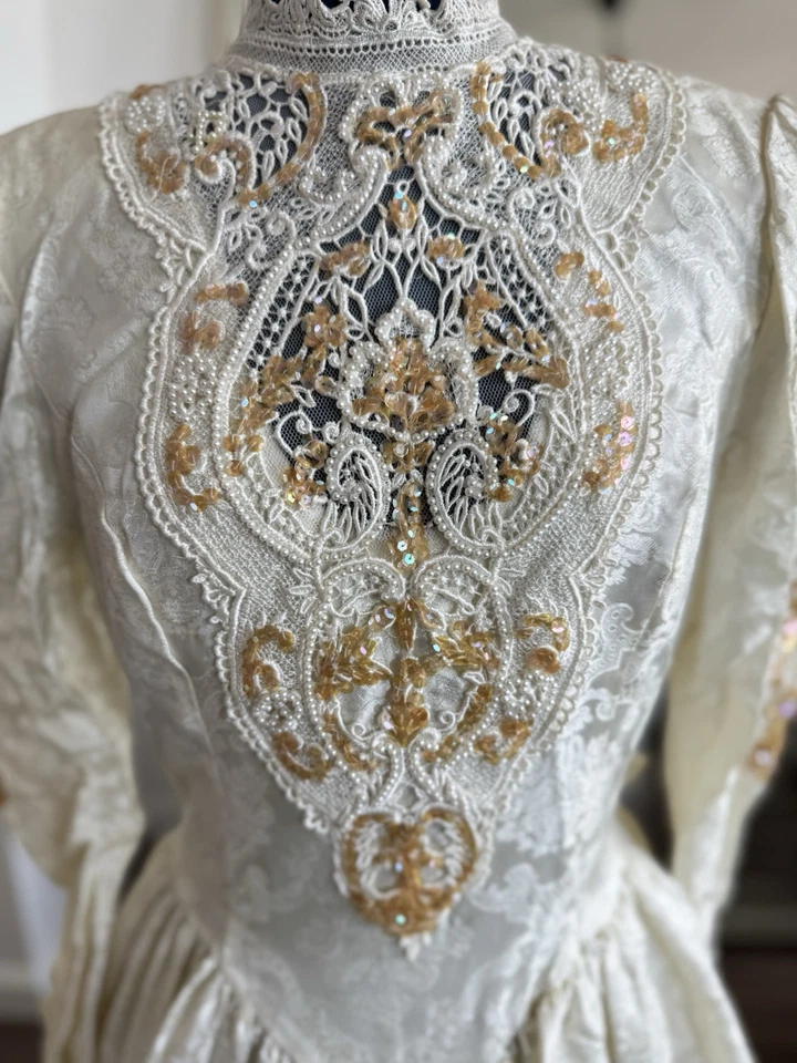 Vintage 90s Jessica McClintock Beaded Sequin Brocade Victorian Wedding Dress - Image 2 of 4