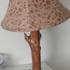 Rustic Wood Table Lamp with Floral  Nature Bell Shade, Glossy Finish, Corded