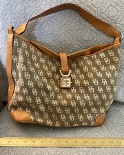 Dooney Bourke Signature Monogram Canvas Hobo Shoulder Handbag Brown Lock